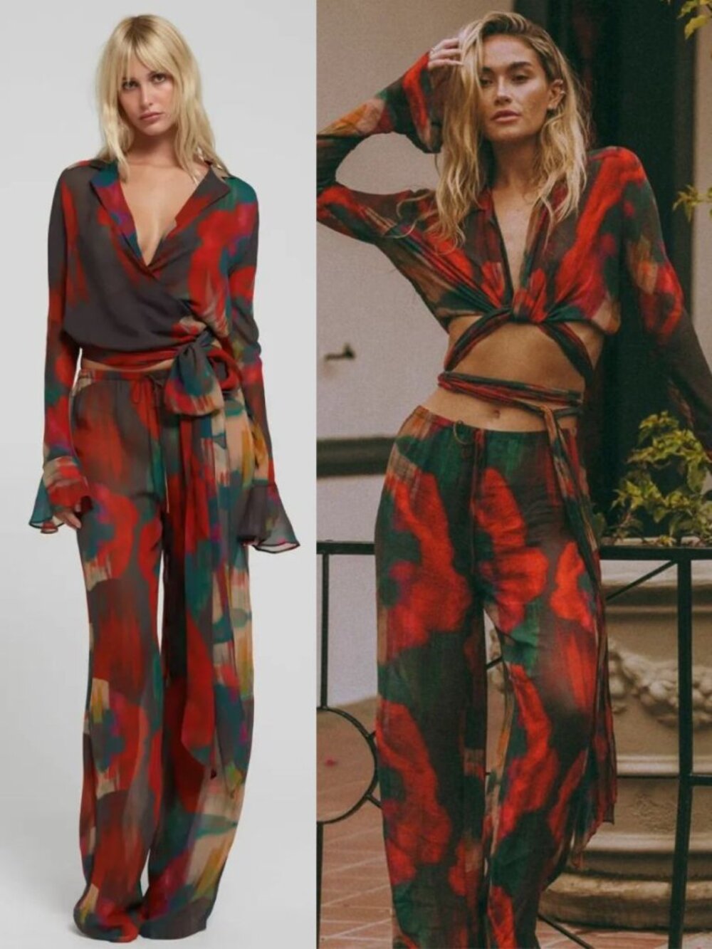 Rat & Boa Gemini Blouse Roma Trouser Set Red Abstract Print Sheer Size S/M
